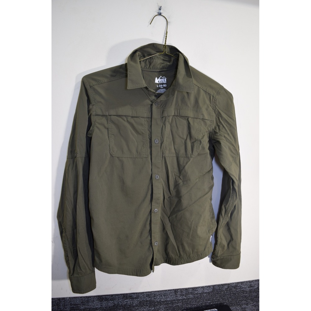 REI Co-op Boys Sahara Long Sleeve Hiking Shirt Olive Green Size L 14-16